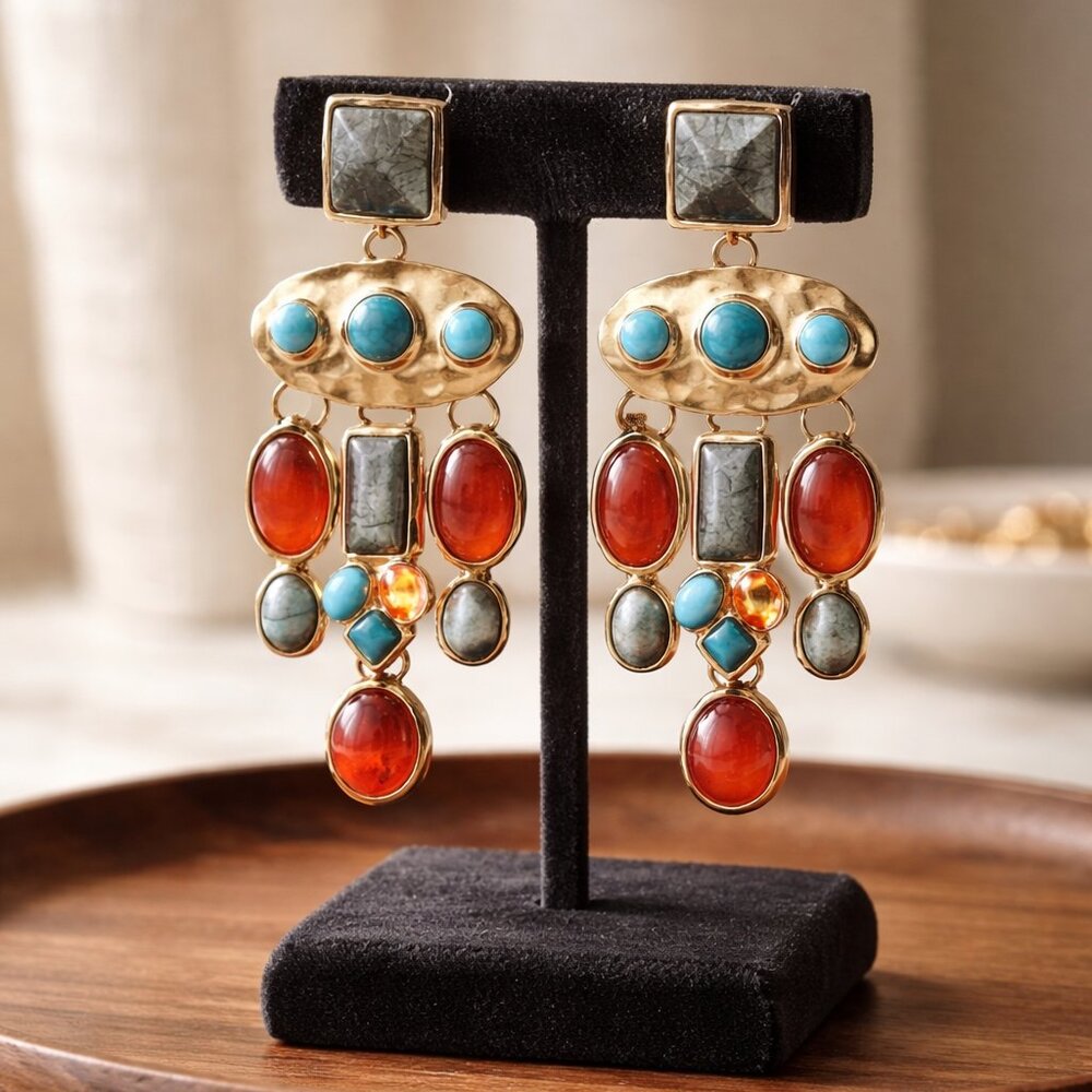 Costume Large Dangle Boho Turquoise and Orange Earrings  - New